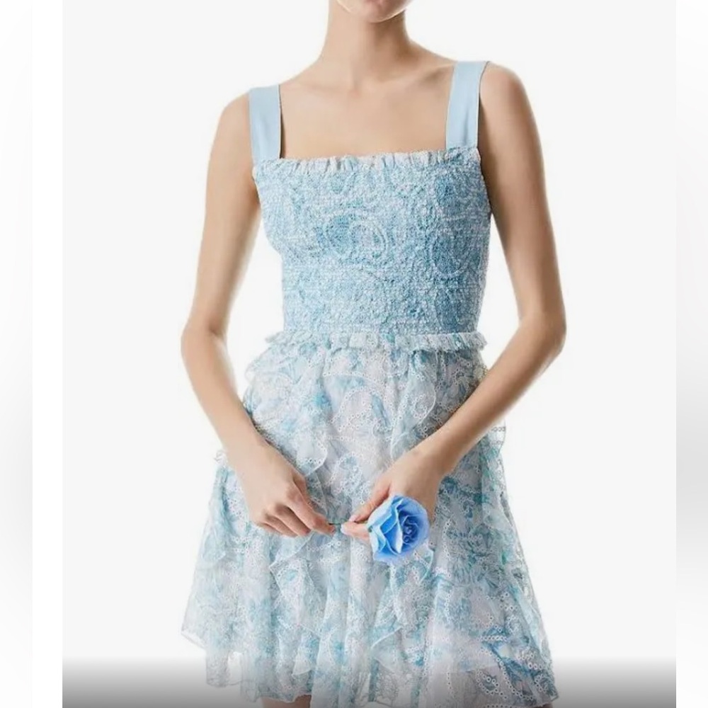 Alice and Olivia Jocelyn Floral Smocked Cotton Ruffle Minidress Size 2